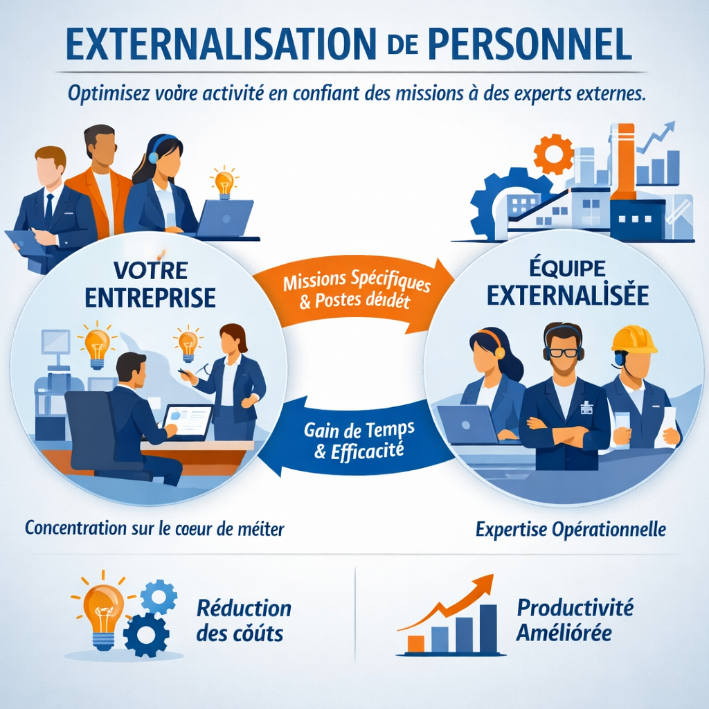 Lexternalisation de personnel consiste  confier des missions spcifiques ou des postes entiers  une quipe externe spcialise permettant  votre entrepris