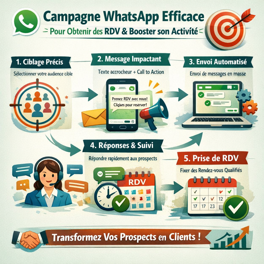 image reprsentant le process dune campagne WhatsApp efficace pour obtenir des rdv pour boostez son activit